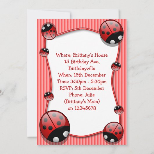 Ladybug Birthday Party Invitation Kaart (Achterkant)