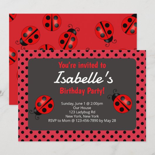 Ladybug Birthday Party Invitation Kaart (Voorkant / Achterkant)