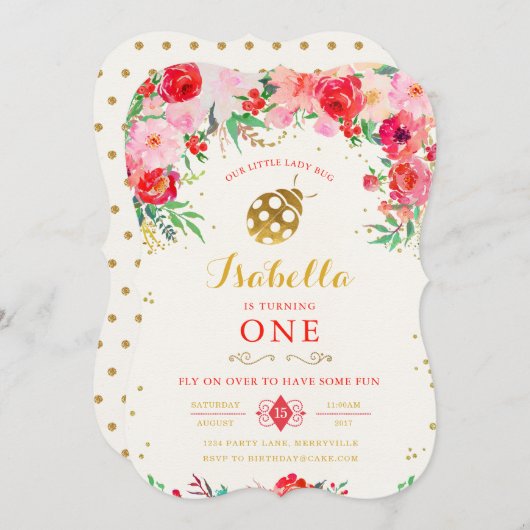 LadyBug Birthday Uitnodiging (Voorkant / Achterkant)