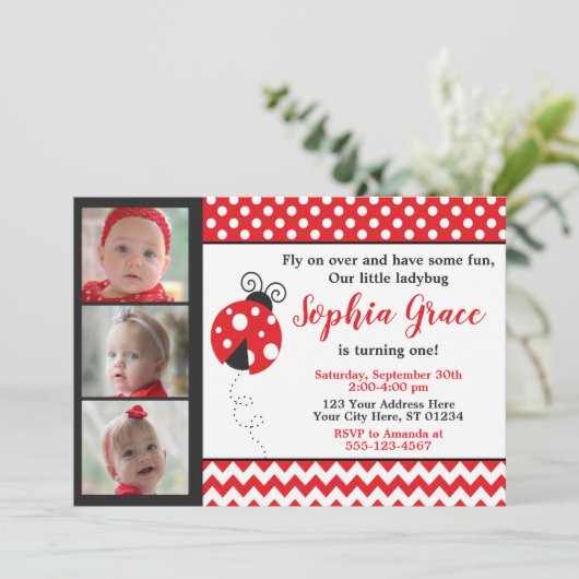 Ladybug Birthday-uitnodiging met foto's Kaart (Staand voorkant)