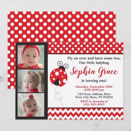 Ladybug Birthday-uitnodiging met foto's Kaart (Voorkant / Achterkant)