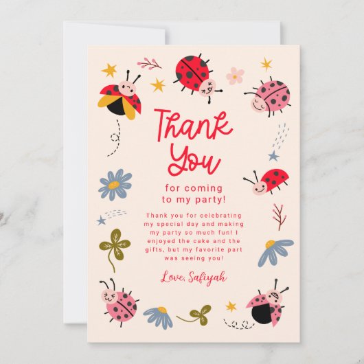 Ladybug Bloemen Verjaardagsfeest Bedankkaart (Voorkant)