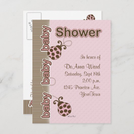 Ladybug Briefkaart Baby shower in Roze (Voorkant / Achterkant)