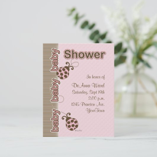 Ladybug Briefkaart Baby shower in Roze (Staand voorkant)