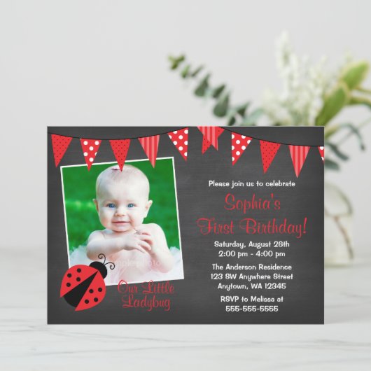 Ladybug Chalkboard Fotodag Kaart (Staand voorkant)