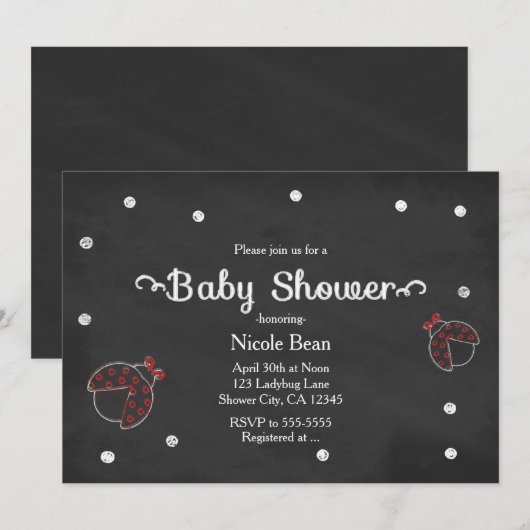 Ladybug Chalkboard Stippen Baby Shower Invitations Kaart (Voorkant / Achterkant)