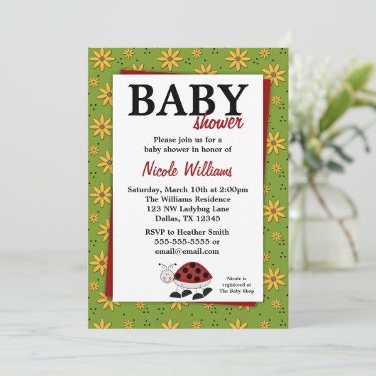 Ladybug Daisies Baby Shower Invitations Kaart (Staand voorkant)