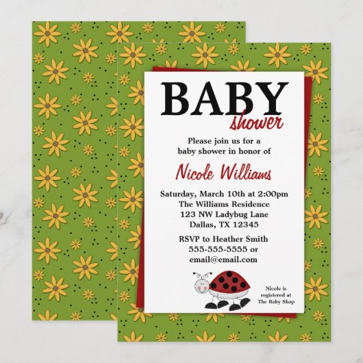 Ladybug Daisies Baby Shower Invitations Kaart (Voorkant / Achterkant)