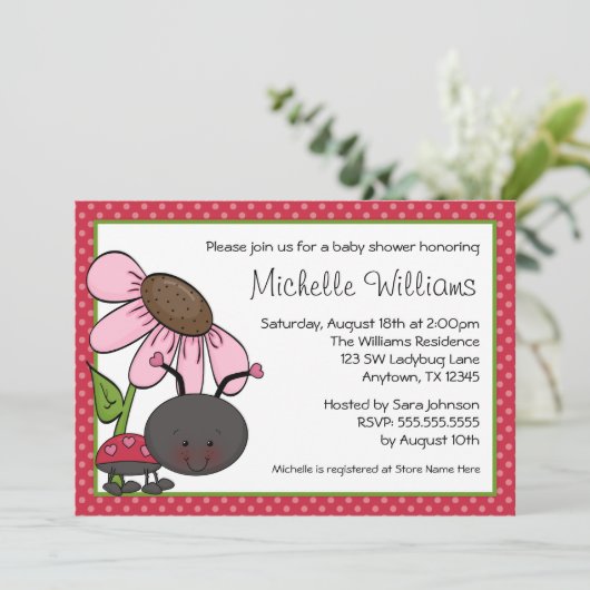 Ladybug Daisy Polka Dot Baby shower Kaart (Staand voorkant)
