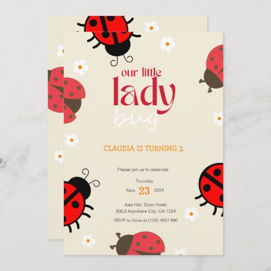 Ladybug Daisy Verjaardag Uitnodiging Little Bug Pa (Voorkant / Achterkant)