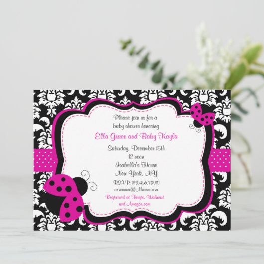 Ladybug Damask Baby Shower Invitaties Kaart (Staand voorkant)