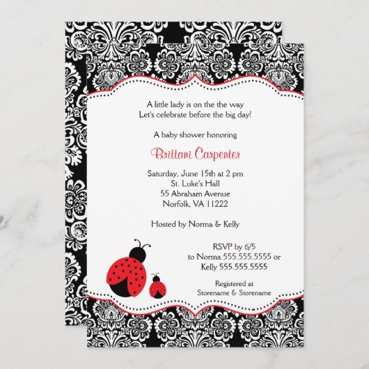 Ladybug Damask Baby shower | Uitnodiging van de pa (Voorkant / Achterkant)
