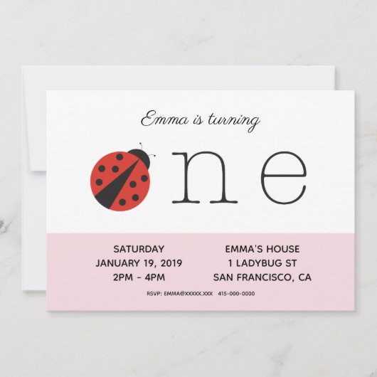 Ladybug eerste verjaardaguitnodiging in roze kaart (Voorkant)