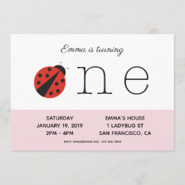 Ladybug eerste verjaardaguitnodiging in roze kaart