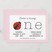 Ladybug eerste verjaardaguitnodiging in roze kaart (Voorkant / Achterkant)