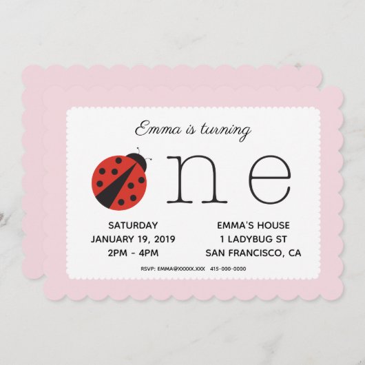 Ladybug eerste verjaardaguitnodiging in roze kaart (Voorkant / Achterkant)