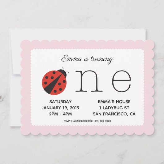 Ladybug eerste verjaardaguitnodiging in roze kaart (Voorkant)