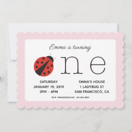 Ladybug eerste verjaardaguitnodiging in roze kaart