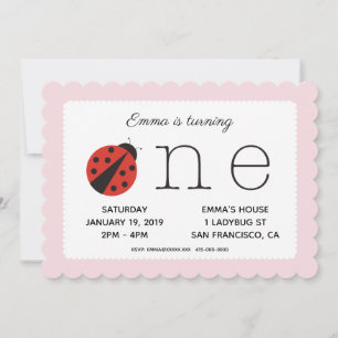 Ladybug eerste verjaardaguitnodiging in roze kaart