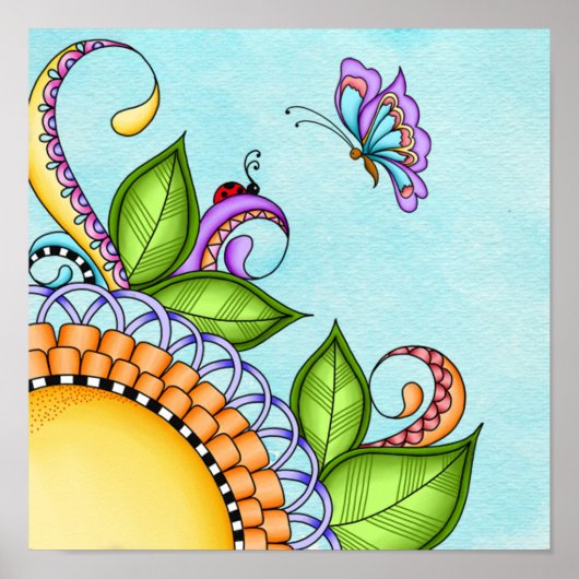 Ladybug en Butterfly Doodle Flower Poster (Voorkant)