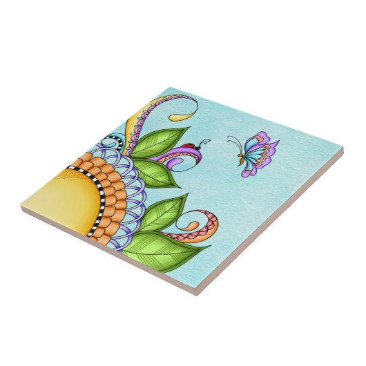 Ladybug en Butterfly Doodle Flower Tegeltje (Zijkant)