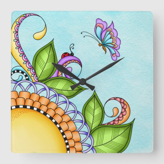 Ladybug en Butterfly Doodle Flower Vierkante Klok (Voorkant)