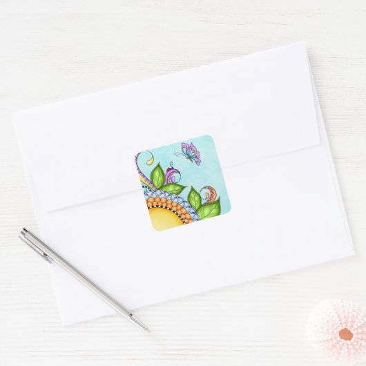 Ladybug en Butterfly Doodle Flower Vierkante Sticker (Envelop)