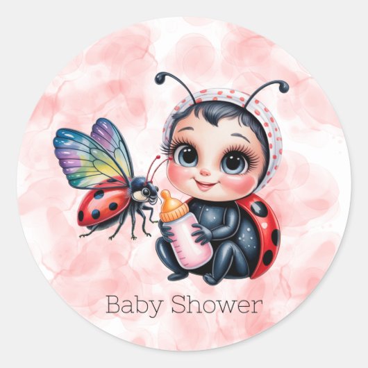 Ladybug en Butterfly Girl Baby shower Ronde Sticker (Voorkant)