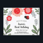 Ladybug en Flowers Kids Birthday Party Invitation Uitnodiging Briefkaart<br><div class="desc">Alle afbeeldingen zijn handmatig getekend en digitaal gekleurd. Een mooie en griezelige bloemtuin met een schattig kleine ladybug-karakter. Eenvoudig te gebruiken sjabloon. Kunstwerk van Valarie Wade. Ideaal voor lente- en zomerfeesten.</div>