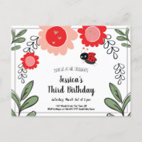 Ladybug en Flowers Kids Birthday Party Invitation