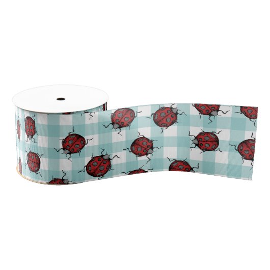 Ladybug en Turquoise Gingham Natuur Pattern Grosgrain Lint (Spoel)