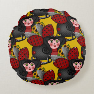 Ladybug en zonnebloemen-diagonaal-geel-1- rond kussen