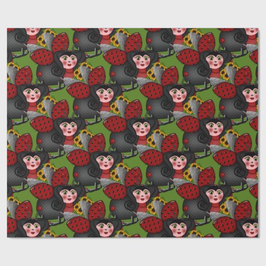 Ladybug en zonnebloemen-diagonaal-groen- cadeaupapier (Vlak)