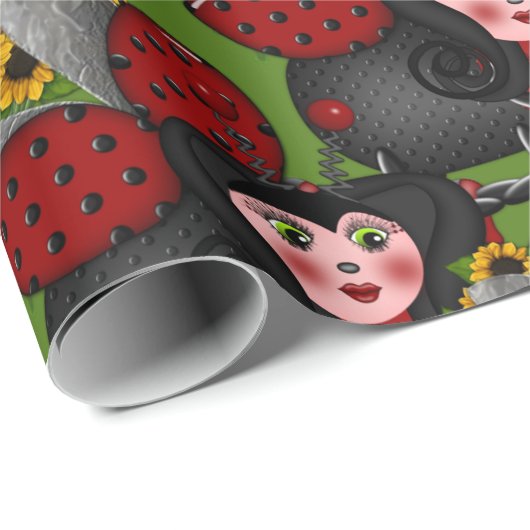 Ladybug en zonnebloemen-diagonaal-groen- cadeaupapier (Rol Hoek)