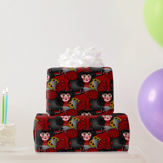 Ladybug en zonnebloemen-diagonaal-rood- cadeaupapier (Feestgeschenken)