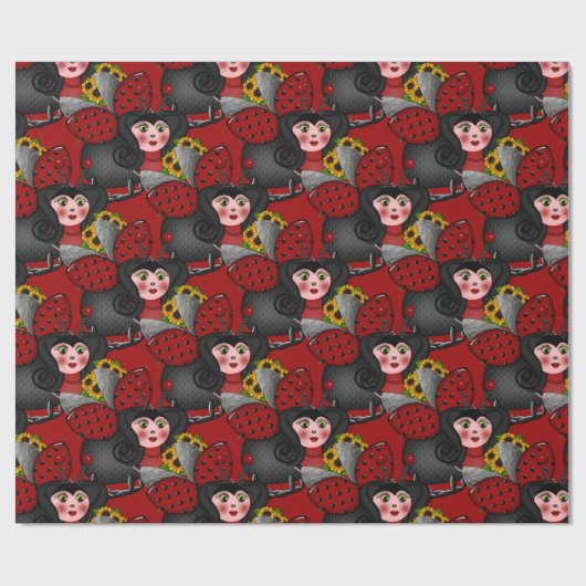 Ladybug en zonnebloemen-diagonaal-rood- cadeaupapier (Vlak)