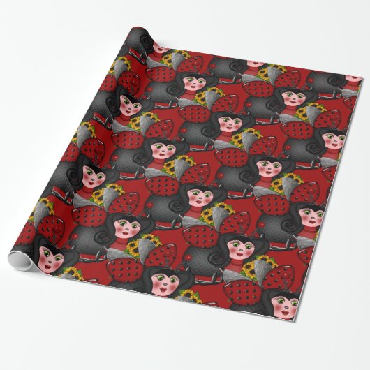 Ladybug en zonnebloemen-diagonaal-rood- cadeaupapier (Uitgerold)