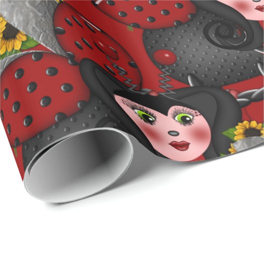 Ladybug en zonnebloemen-diagonaal-rood- cadeaupapier (Rol Hoek)