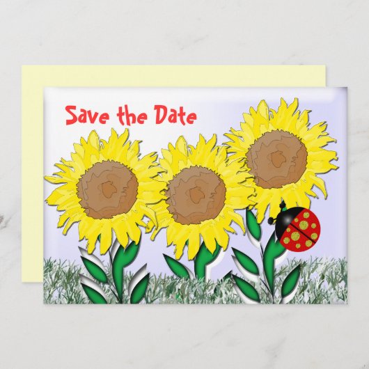 Ladybug en zonnebloemen save the date (Voorkant / Achterkant)
