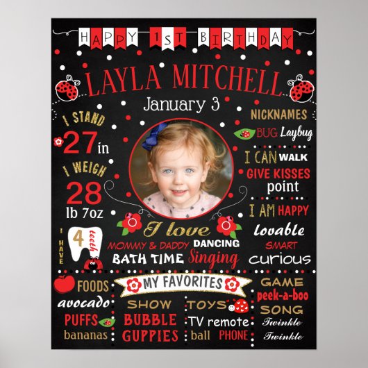 Ladybug First Birthday chalkboard Poster (Voorkant)