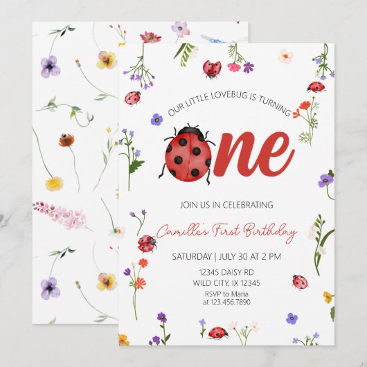 Ladybug First Birthday Kaart (Voorkant / Achterkant)