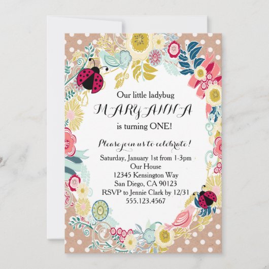 Ladybug First Girl Birthday Party Invitation Kaart (Voorkant)