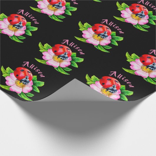 Ladybug Floral Black Women's Name Cadeaupapier (Hoek)