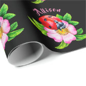 Ladybug Floral Black Women's Name Cadeaupapier (Rol Hoek)