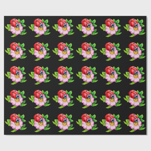 Ladybug Floral Black Wrapping Paper Cadeaupapier (Vlak)