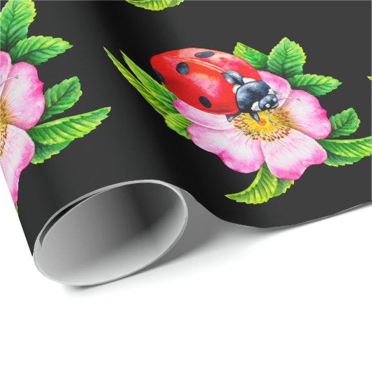 Ladybug Floral Black Wrapping Paper Cadeaupapier (Rol Hoek)