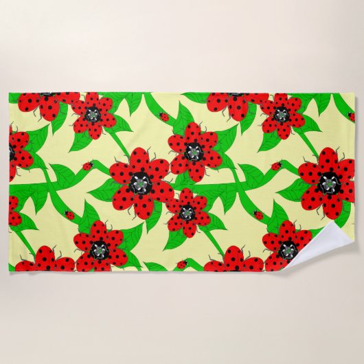 Ladybug Flowers Beach Towel Strandlaken (Voorkant)