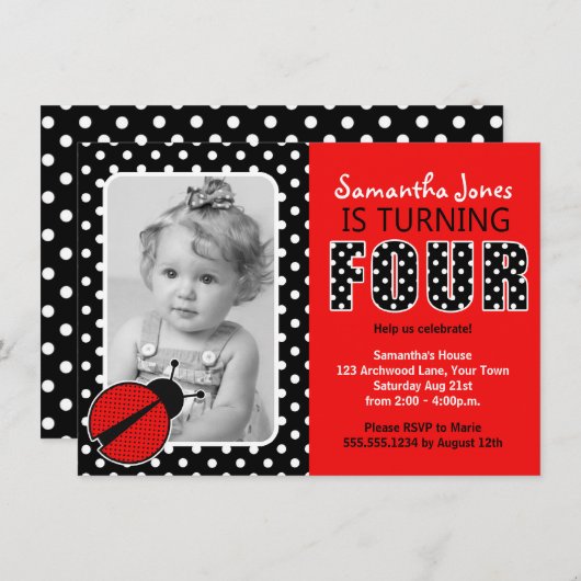 Ladybug Forth Birthday Party Kaart (Voorkant / Achterkant)