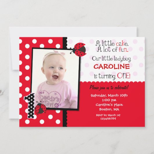Ladybug Foto 1st Birthday Party Invitation Kaart (Voorkant)