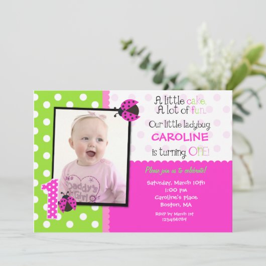 Ladybug Foto 1st Birthday Party Invitation Kaart (Staand voorkant)